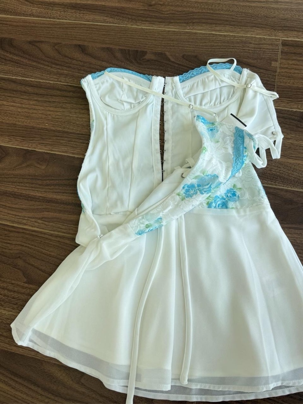 White & Aqua Lace-Up Mini Dress - Picture 6 of 9